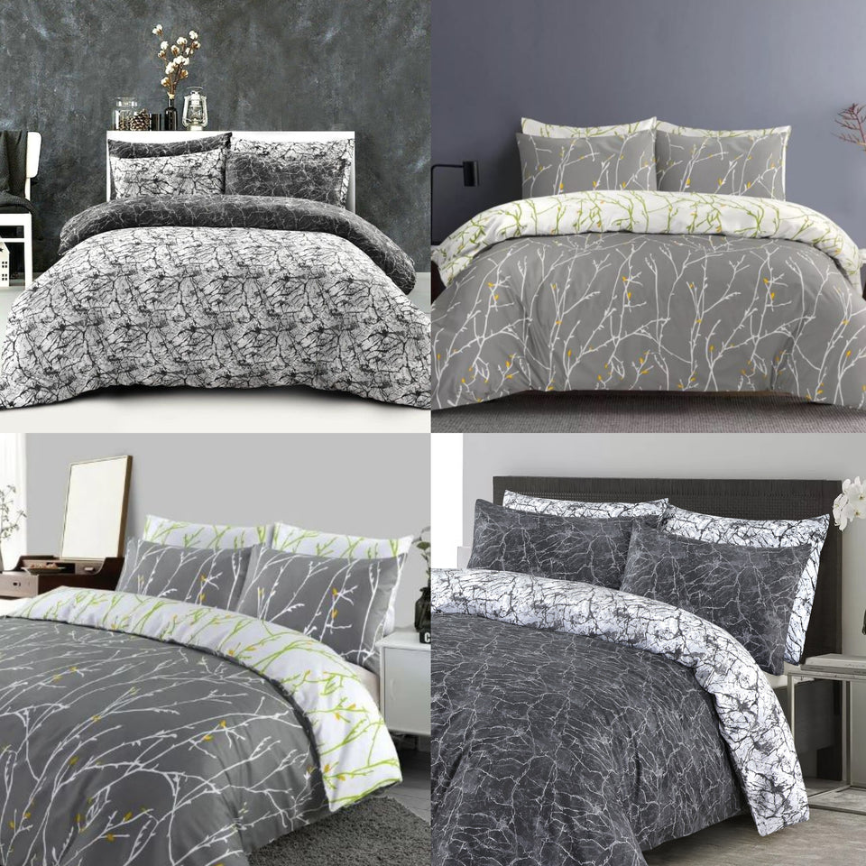 Printed Duvet Cover Black Bedding Set with Pillowcases Grey Reversible Double King Super King UK Size Quilt Covers