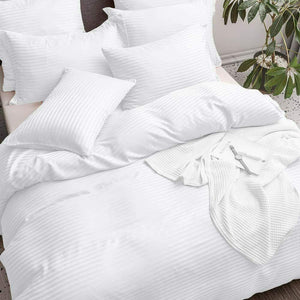 Luxury Hotel Quality Cotton Satin Stripe 3 Piece Duvet Cover Bedding Set White - seventhstitch